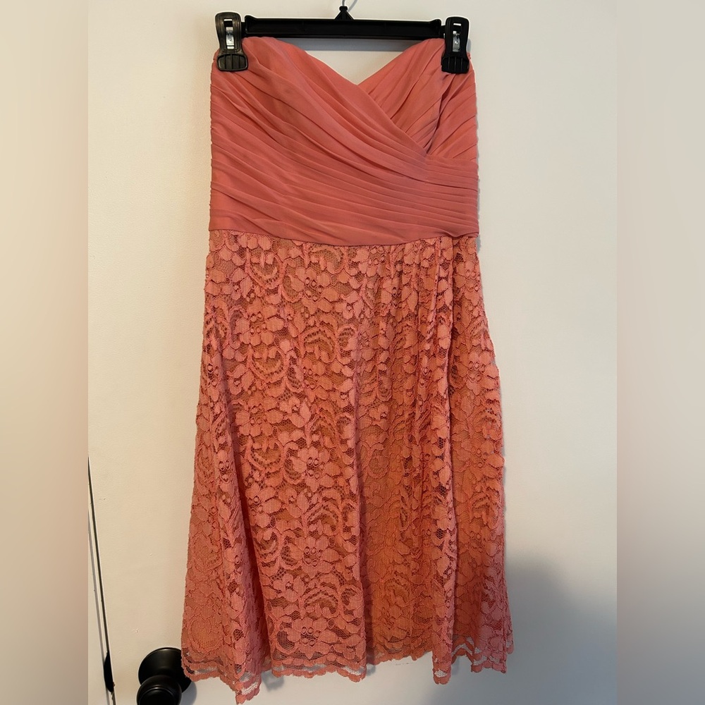 David's Bridal Pink Mesh Lace Strapless Ruched Formal Mini Party Dress 6